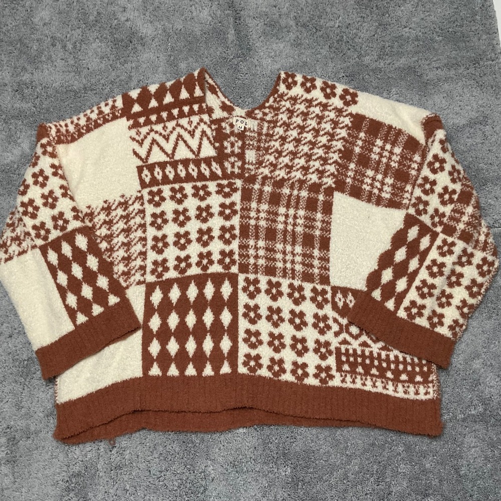 POL Clothing Chenille Patchwork Sweater Fuzzy Knit V-Neck Oversized Women Medium